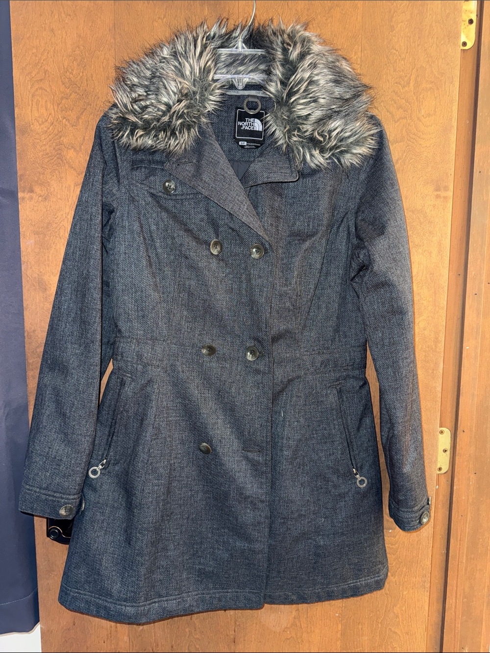 The North Face Women's Charcoal Double-Breasted Trench Coat with Faux Fur Hood